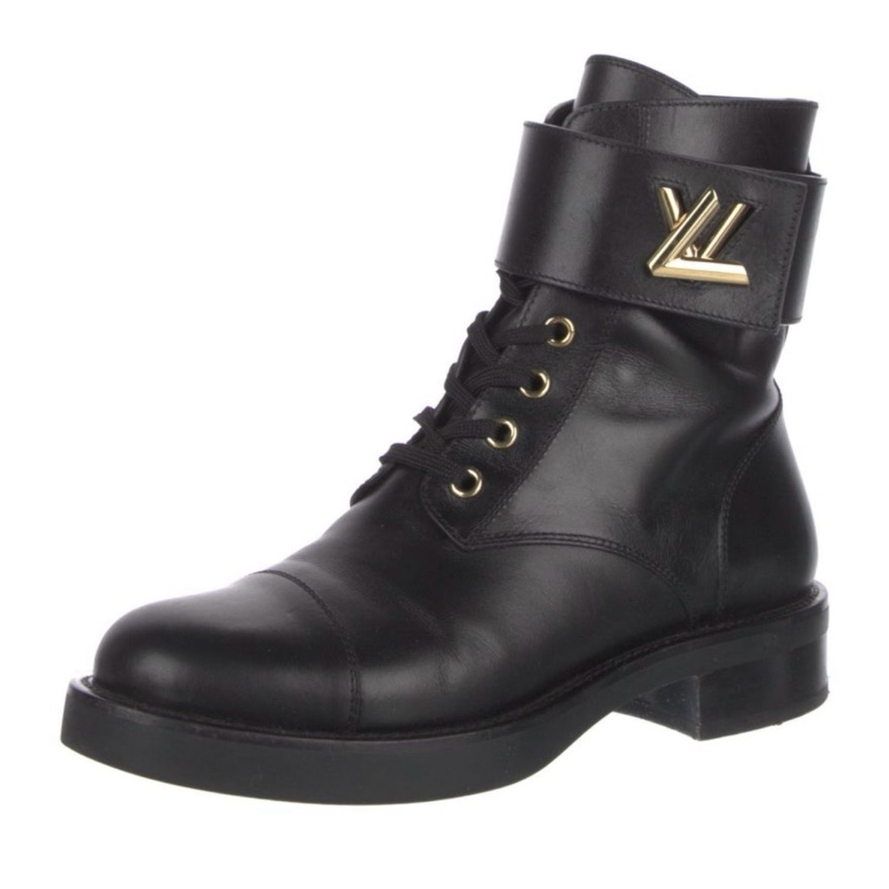 Louis Vuitton Black Combat Boots with Gold Details